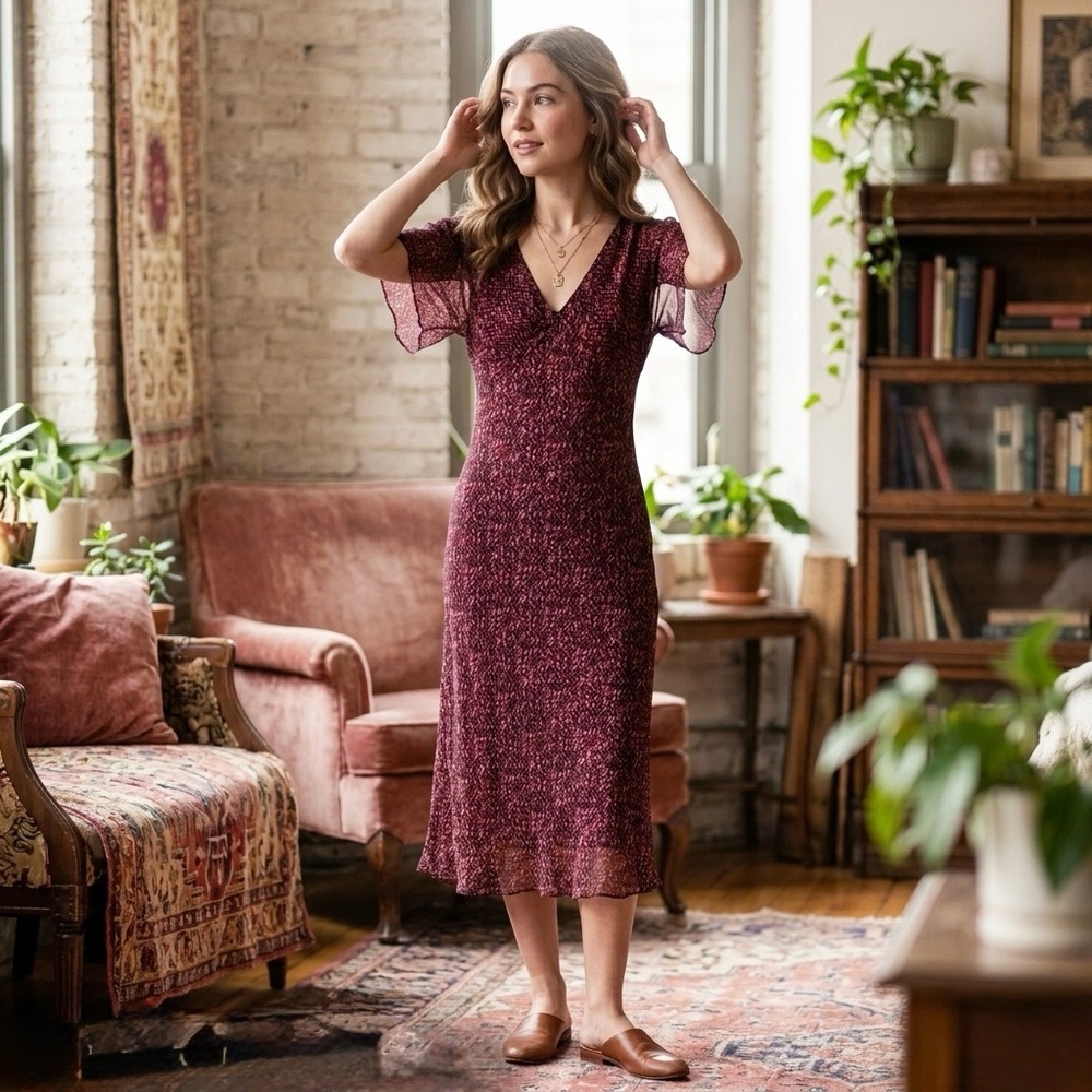 VTG Max Studio NWT $198 Silk Midi Dress XS Red Berry Floral Y2K 90s Whimsigoth